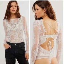 Free People Womens White Long Sleeve Lace Sequin Ready To Party Bodysuit XS New