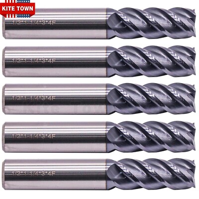 5Pcs 4 Flute 45° Helix 1/2''x1-1/4''x3'' Solid Carbide End Mills - AlTiN Coated