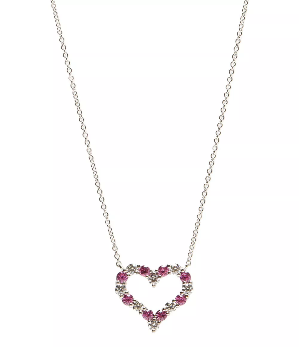 LOT:280 | A platinum, brilliant-cut diamond and pink sapphire heart necklace,  by Tiffany & Co.