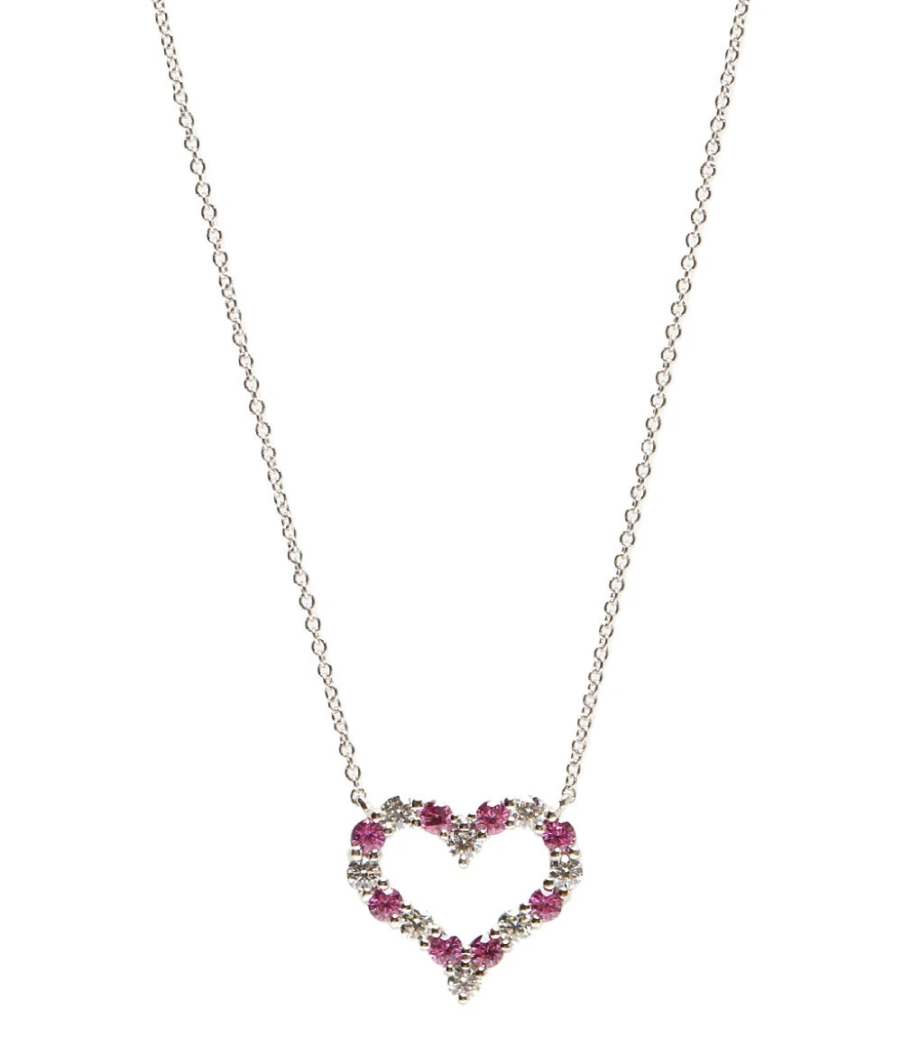 LOT:280 | A platinum, brilliant-cut diamond and pink sapphire heart necklace,  by Tiffany & Co.