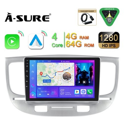 DAB+ CarPlay 4+64G Android 15 Autoradio GPS Navi RDS für Kia Rio II JB 2006-2011