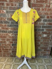 Yellow Casual Floral T-shirt Sun Dress 100% Cotton Size L A-line Embroidered