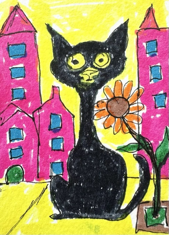 Original ACEO Painting Black Cat Miniature Art Card By Carole Collins M8
