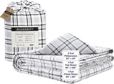 Ultra-Soft Grey Plaid Full Bed Sheet Set - 100 Cotton, Deep Pocket, Machine Was