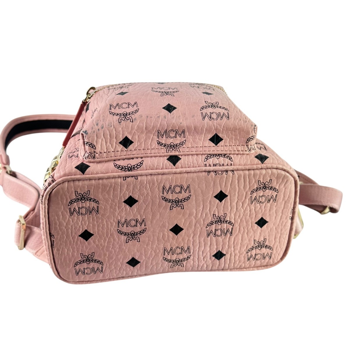 MCM Munchen Pink Canvas Leather Visetos Monogram Studded Backpack