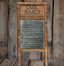 Vintage Galvanized Metal Dubl Handi Wood Washboard 1949s 18”x 8.5” Columbus