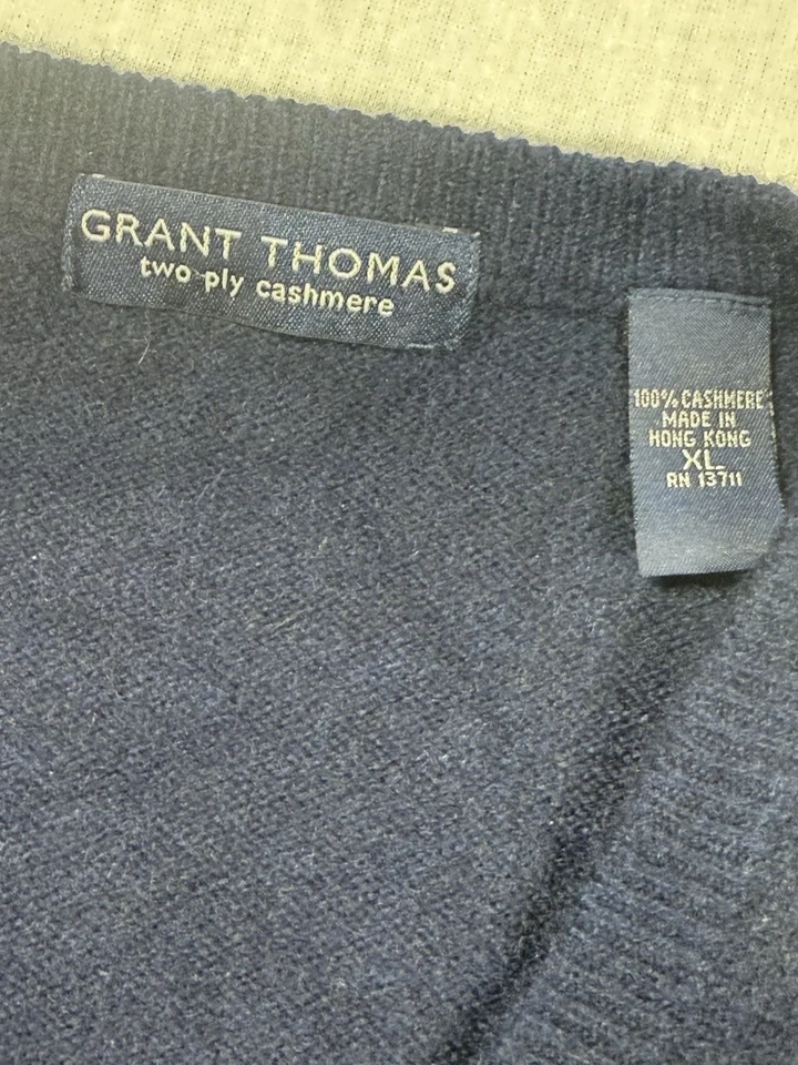 Chaleco Suéter Grant Thomas 100% Cachemira Cuello en V Para Hombre Talla XL Azul Marino Preppy Foto 3 de 4