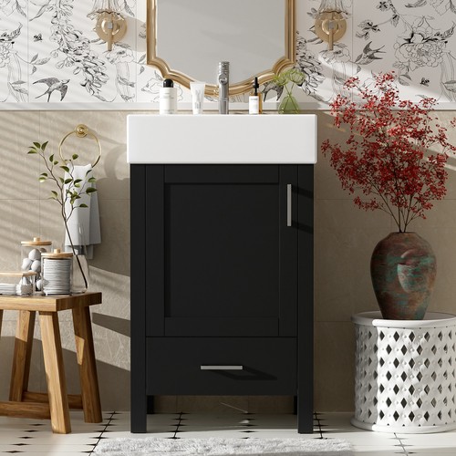 Black Modern Bathroom Vanity with Ceramic Sink, Solid Wood Frame,Storage Drawer - Picture 2 of 24