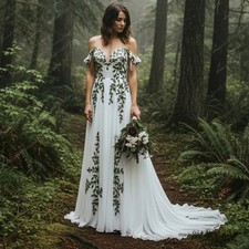 Flowers Embroidery V-neck Chiffon Wedding Dresses Floor-Length Off the Shoulder