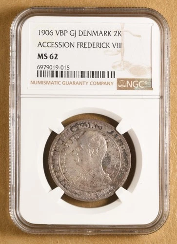 1906 VBP GJ Denmark Silver 2 Kroner NGC MS62