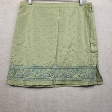 Womens Silk Skirt 8 Green Floral Embroidered Y2K Indian Preppy Boho Office Lined