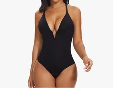 SHAPERIN Bodysuit XL Women's Deep V Neck Plunge Thong Tummy Control Black