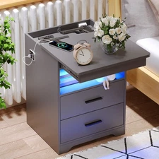 Night Stand with Gun Drawer, Bedside Table with Charging Station and LED Lights