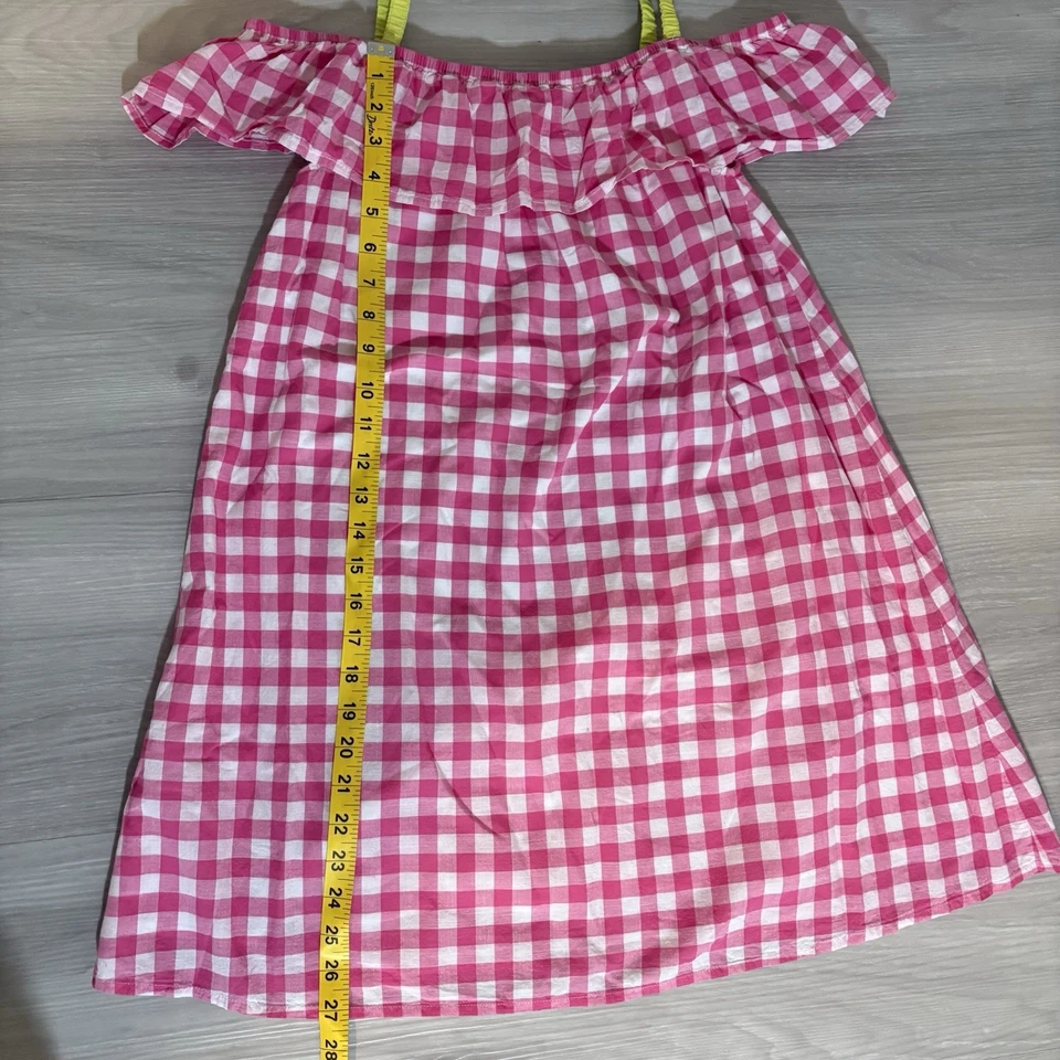 Benetton Little Girls Dress Gingham Ruffle Dress Off Shoulder Red Green Sz 11-12 - Image 4 of 4