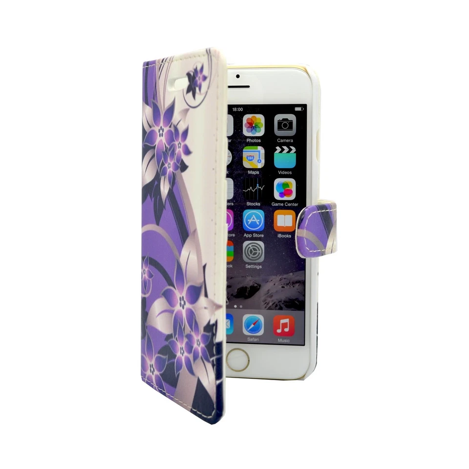 CASE FOR APPLE IPHONE 6 PLUS PURPLE CREAM FLOWER PRINT DESIGN PU LEATHER WALLET - Image 2 of 4
