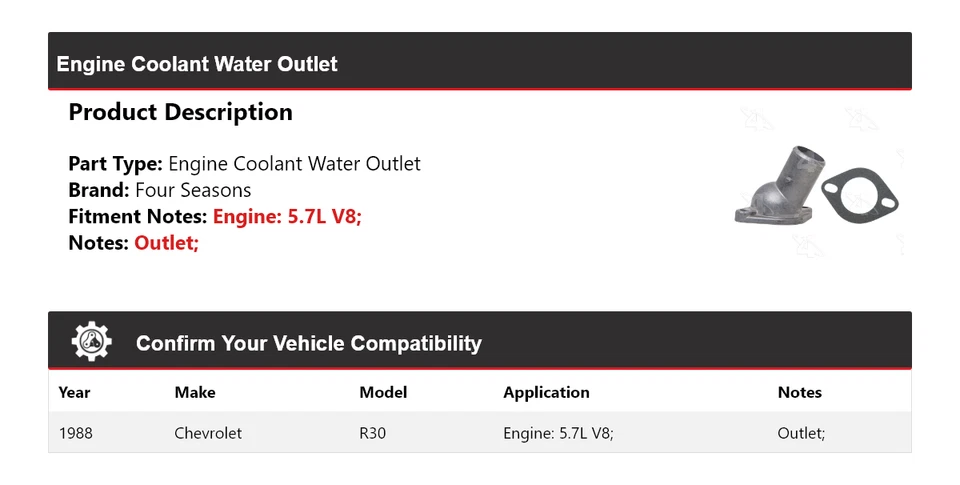 Chevrolet R30 1988 motor V8 de 5,7 L salida de agua refrigerante 4 estaciones Foto 2 de 4