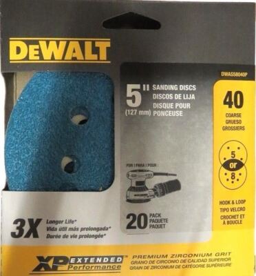 DEWALT 40-Grit 5-Inch Sanding Discs 20-Pack - Hook & Loop 5 Or 8 Hole Sandpaper For Sanders