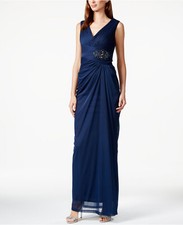 Adrianna Papell ~ Navy Tulle Embellished Double V Formal Gown 10 NEW $220