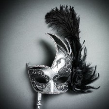 Venetian Elegance Side Feather Masquerade Women Mask in Silver Black w/ Stick