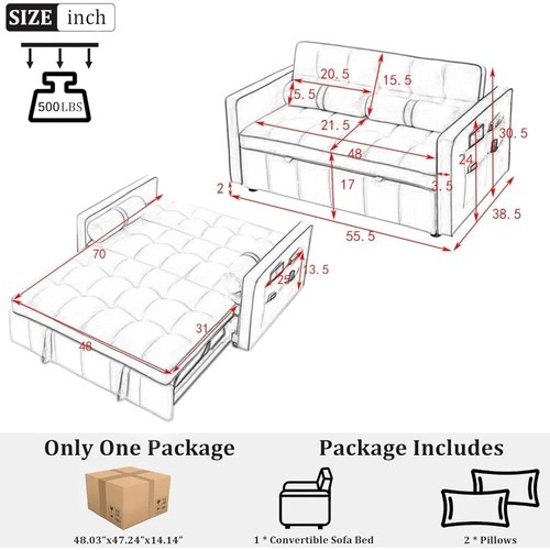 3 in 1 Pull Out Convertible Sofa Bed with USB Ports - 55" Modern Velvet - Picture 6 of 22