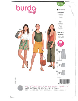 Burda Easy Sewing Pattern 6115 Miss Semi Fitted Pants Shorts w/Drawstring 8-18