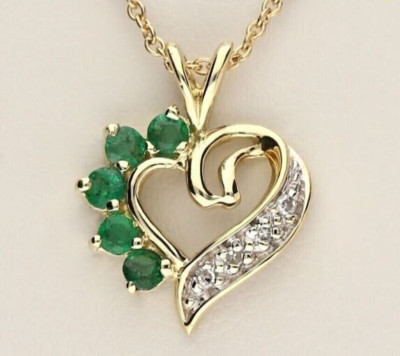 1Ct Lab Created Green Emerald & Diamond Heart Pendant Necklace 14K Gold Plated