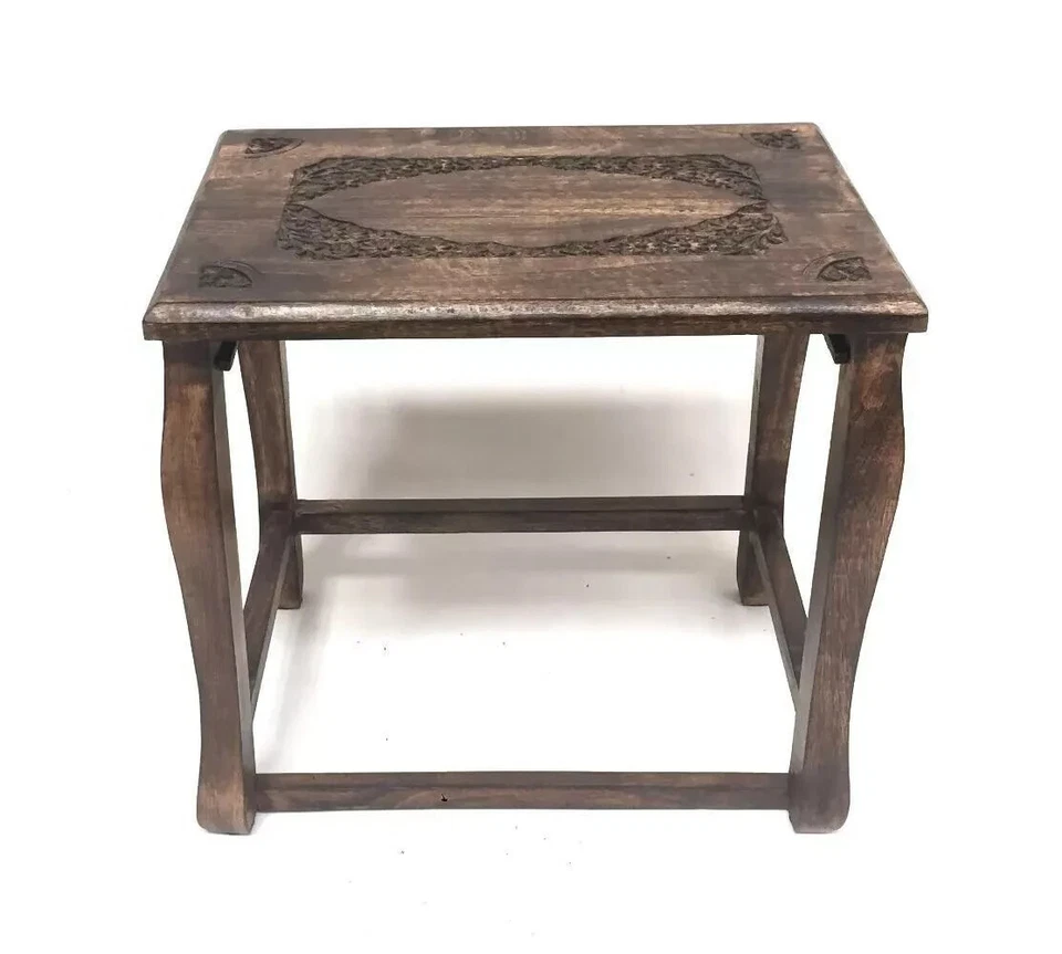 Set of 4 Nesting Table Hand Carved made wt/ Solid Indian Wood|Set of 4 Stool Set - Image 2 of 4