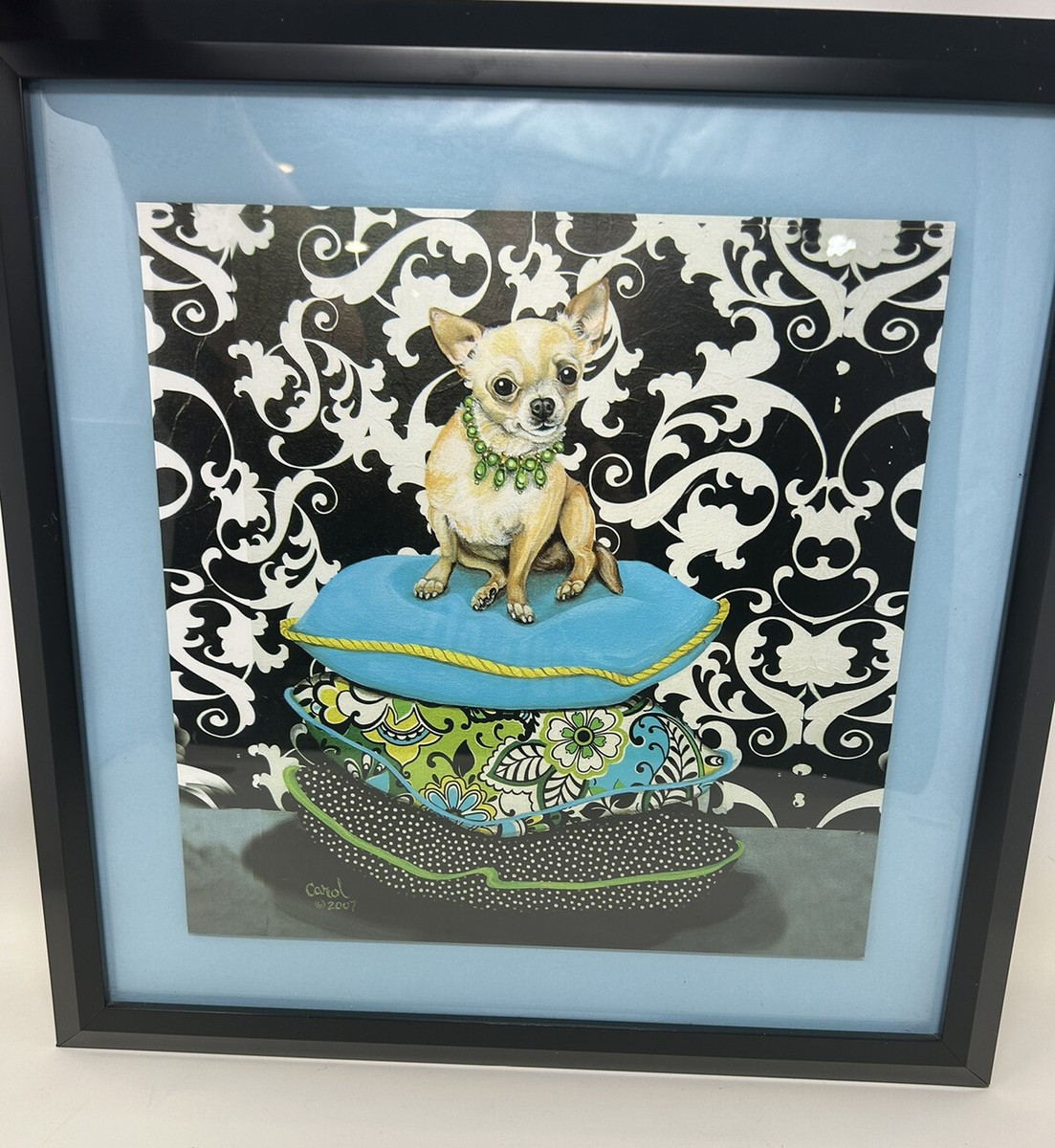 Carol Dillon 'Chihuahua Pillows” Fine Art Framed Print Art 12x12