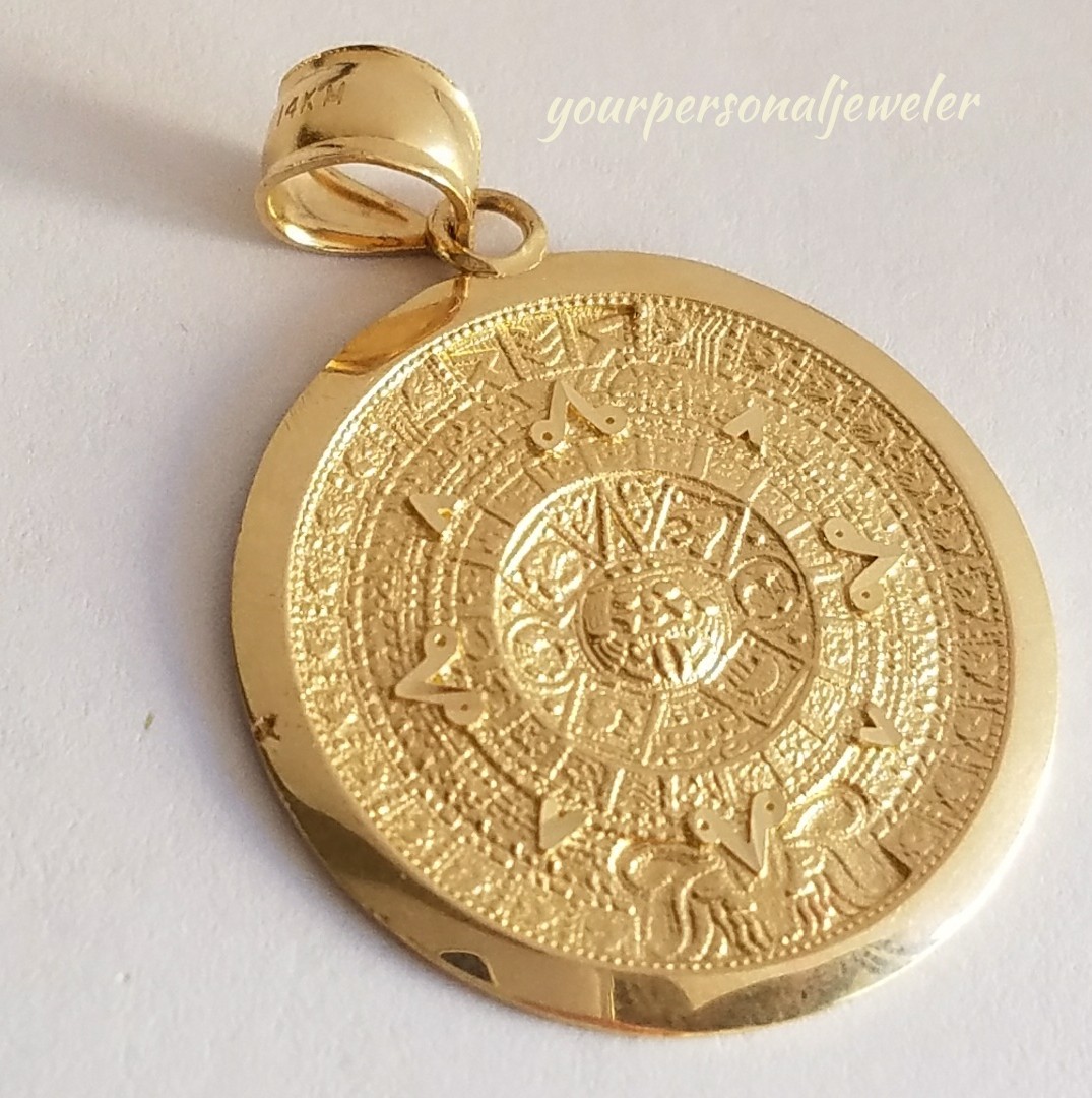 Solid Real 14k Yellow Gold Aztec mayan sun calendar Pendant 1.40