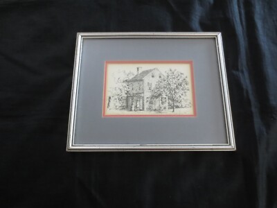 DONEY Signed COUNTRY BRICK HOME PEN INK DRAWING Litho PRINT - 9-1/4'' x 7-1/2''