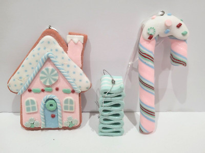 Christmas Pastel Gingerbread House Candy Cane Cookie Candy Ornaments Set of 3