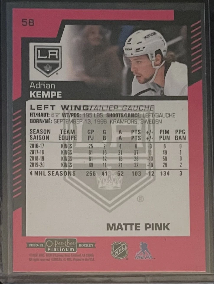 2020-21 Upper Deck O-Pee-Chee Platinum Matte Pink ADRIAN KEMPE #58 Kings UD OPC - Image 2 of 2
