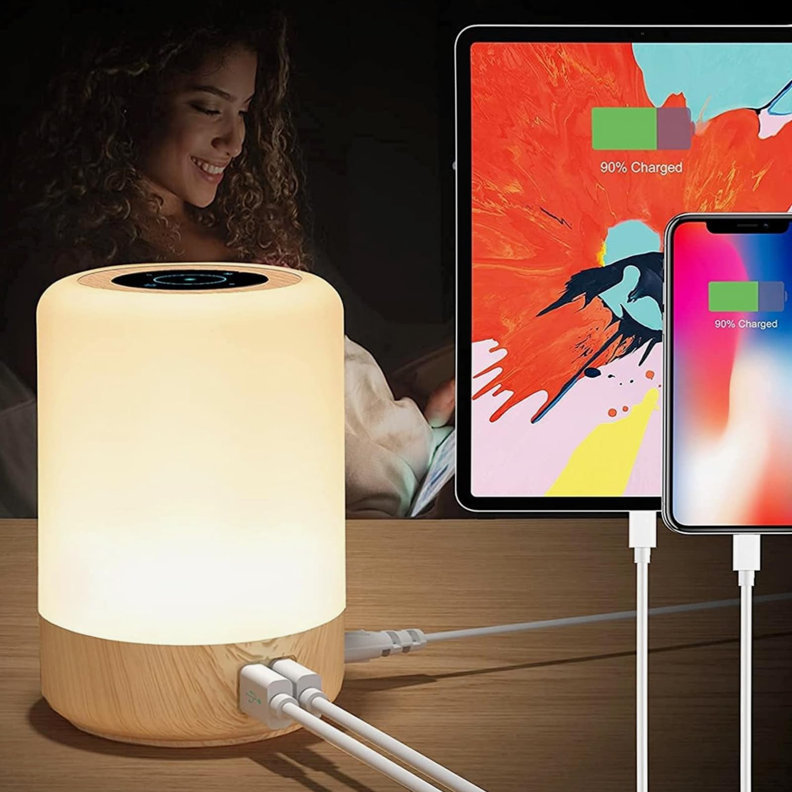 Lampe de chevet LED anti-câbles emmêlés munie de 4 ports de charge USB