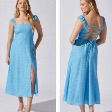 ASTR The Label Blue Textured Midi Dress Size S Fit Flare Straps 🌼