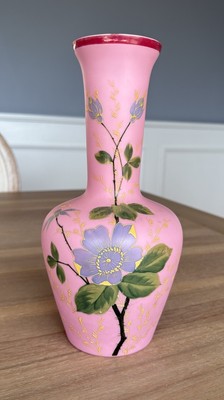Franz Pallme Koenig Antique 10  Vase - Hand Painted Pink Cased Glass Signed