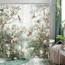 Vintage Floral Birds Shower Curtain for Bathroom Decor 72Wx72H Asian Style Vi...