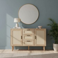 Wooden Sideboard Storage Cabinet Cupboard with 3 Drawers & 2 Doors Rattan Detail