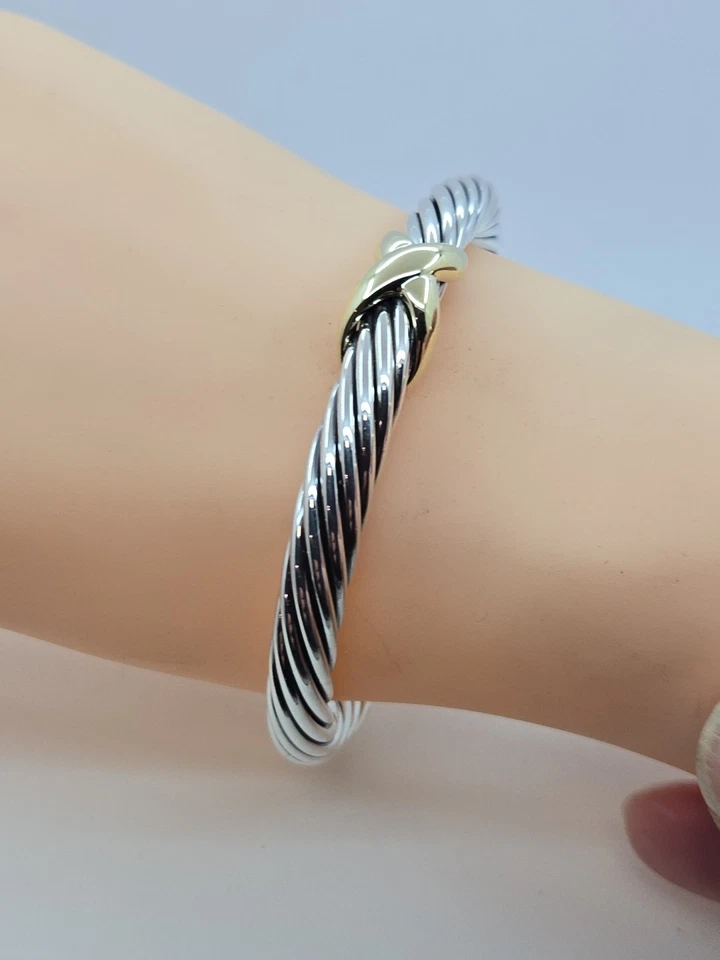 David Yurman Cuff, X Classic , 7mm ,14k Yellow Gold & Sterling, 7.5 Inch - Image 2 of 4