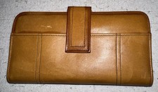 Vtg Baronet Tan Leather Wallet Clutch 1960s Double Kiss Closure Unused Checkbook