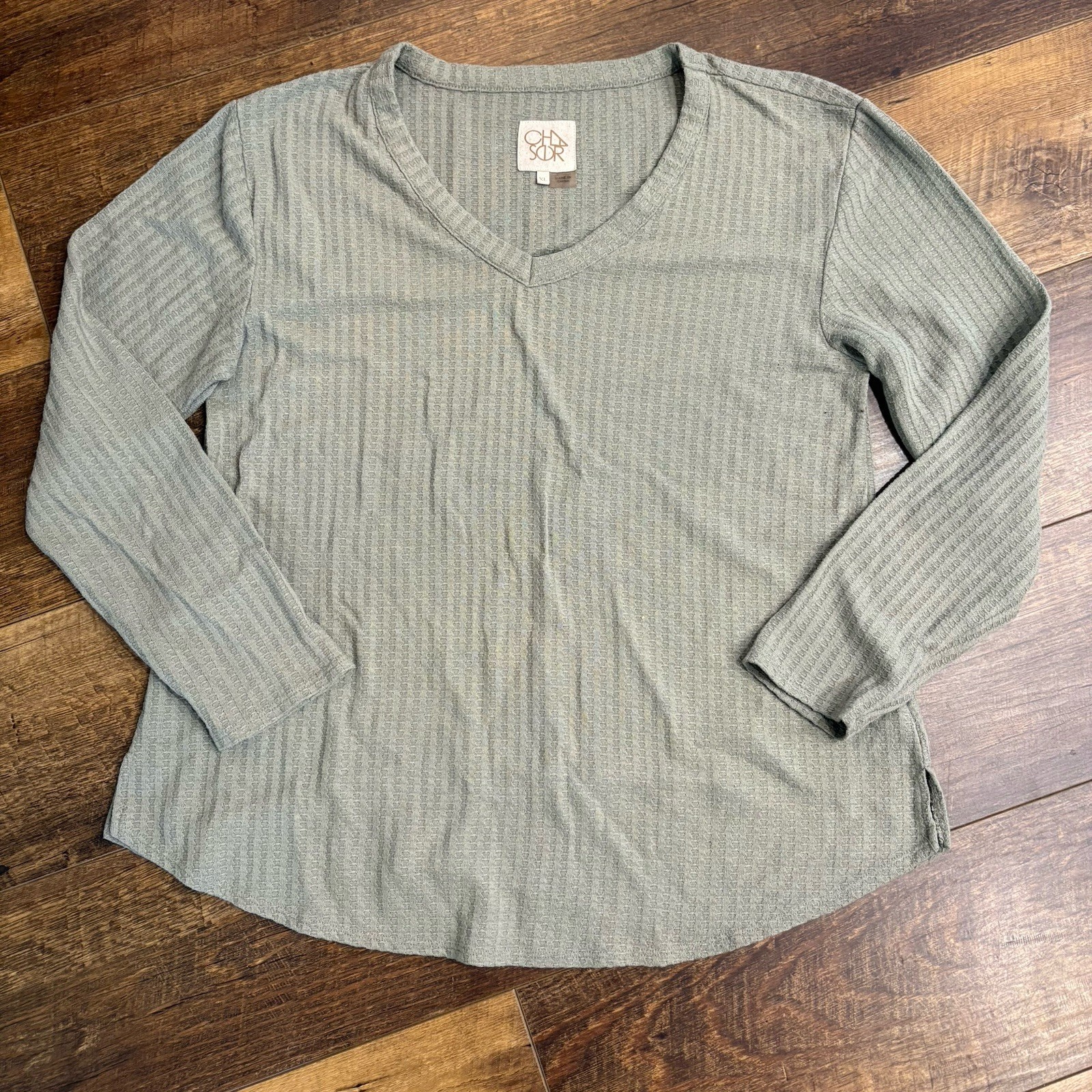 Chaser Women's XL Long Sleeve Waffle Knit Top Olive Green V-Neck Pull Over