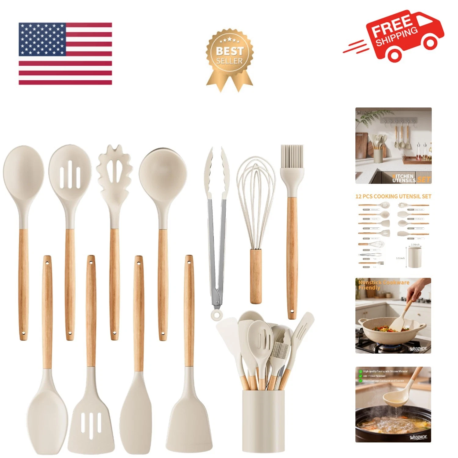 Silicone Cooking Utensil Set,12 PCS Cooking Cookware Kitchen Utensils Set for...
