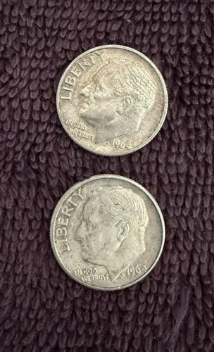 ROOSEVELT DIMES 1964-D COINS - set of 2 - AU(About Uncirculated) with 90% Silver