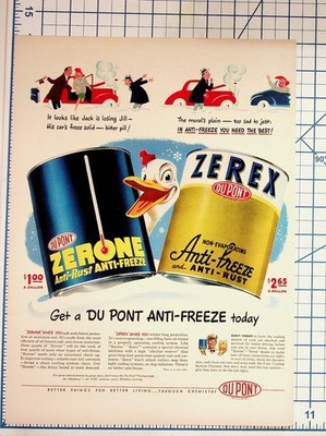 Vintage 1950s DuPont ZERONE ZEREX Anti-Freeze Car Magazine Ad Duck Art