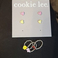 Cookie Lee Girls earings and rings hearts, flowers, butterfly, lady bug, 5 piece