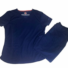 Dickies Women's Navy Solid Knit Scrub Set V-Neck Top Drawstring Pants L