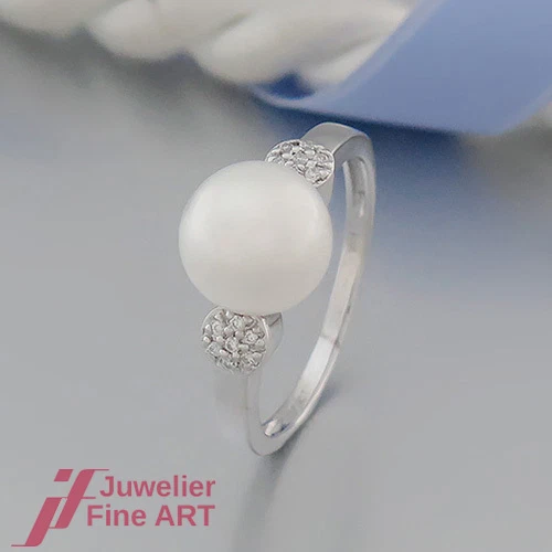 Bague avec perle de culture d'eau douce et 14 brillants env. 0,06 ct-or blanc... - Photo 1/4
