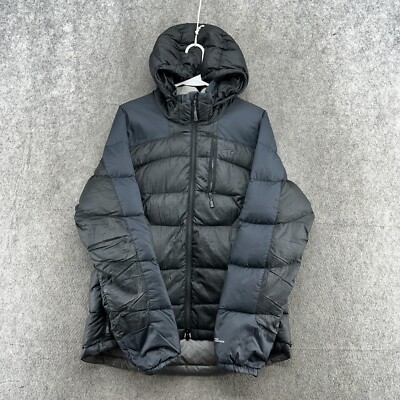 Outdoor Research Jacket Womens M Grey Puffer Hooded Goose Down Transcendent Logo