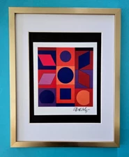 VICTOR VASARELY + SIGNED GEOMETRIC ABSTRACT PRINT FROM 1970 + NEW FRAME 14x11in.