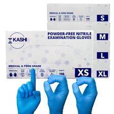 Kashi Scientific Medical Exam Nitrile Gloves, Powder & Latex Free - XS/S/M/L/XL