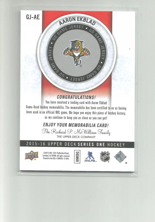 2015-16 UPPER DECK GAME JERSEYS #GJAE AARON EKBLAD - Image 2 of 2